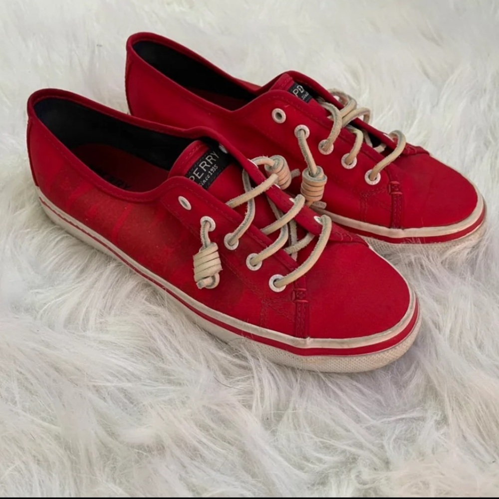 Red Sperry jaws themed shoes